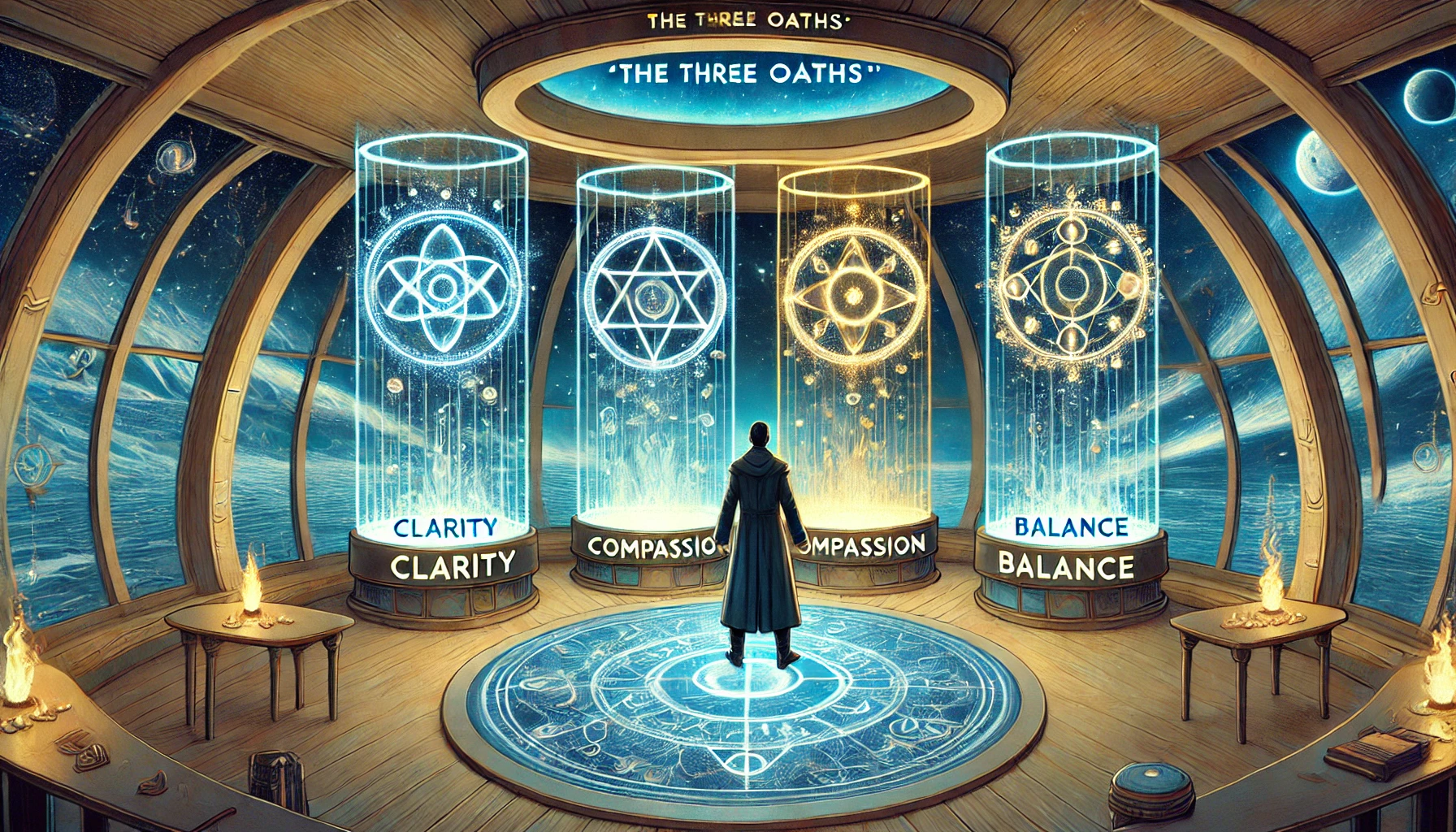 Captain OxygenatedOlimar stands in the Observatory Deck of his dreamship, taking the three symbolic oaths of Clarity, Compassion, and Balance. Each oath is represented by glowing entities or artifacts surrounding him. Notably, the Oath of Compassion is represented twice. The Observatory Deck is a small, circular area with a transparent dome above the main deck, providing a view of the Cosmic Ocean. The ocean forms the Algiz Rune and splits into three distinct rivers. The background features shifting dream patterns and cosmic phenomena, with a star chart projector displaying constellation patterns of the current dreamscape.