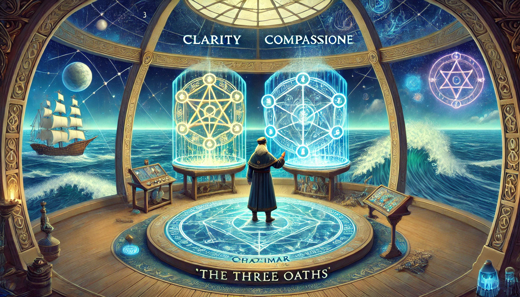 Captain OOlimar stands in the Observatory Deck of his dreamship, looking at a magical tube representing Compassion. Notably, only The Oath of Clarity is also present inside the Observatory Deck, and Balance hangs in the distant sky. Each oath is represented by glowing entities or artifacts surrounding the OOlimari captain.