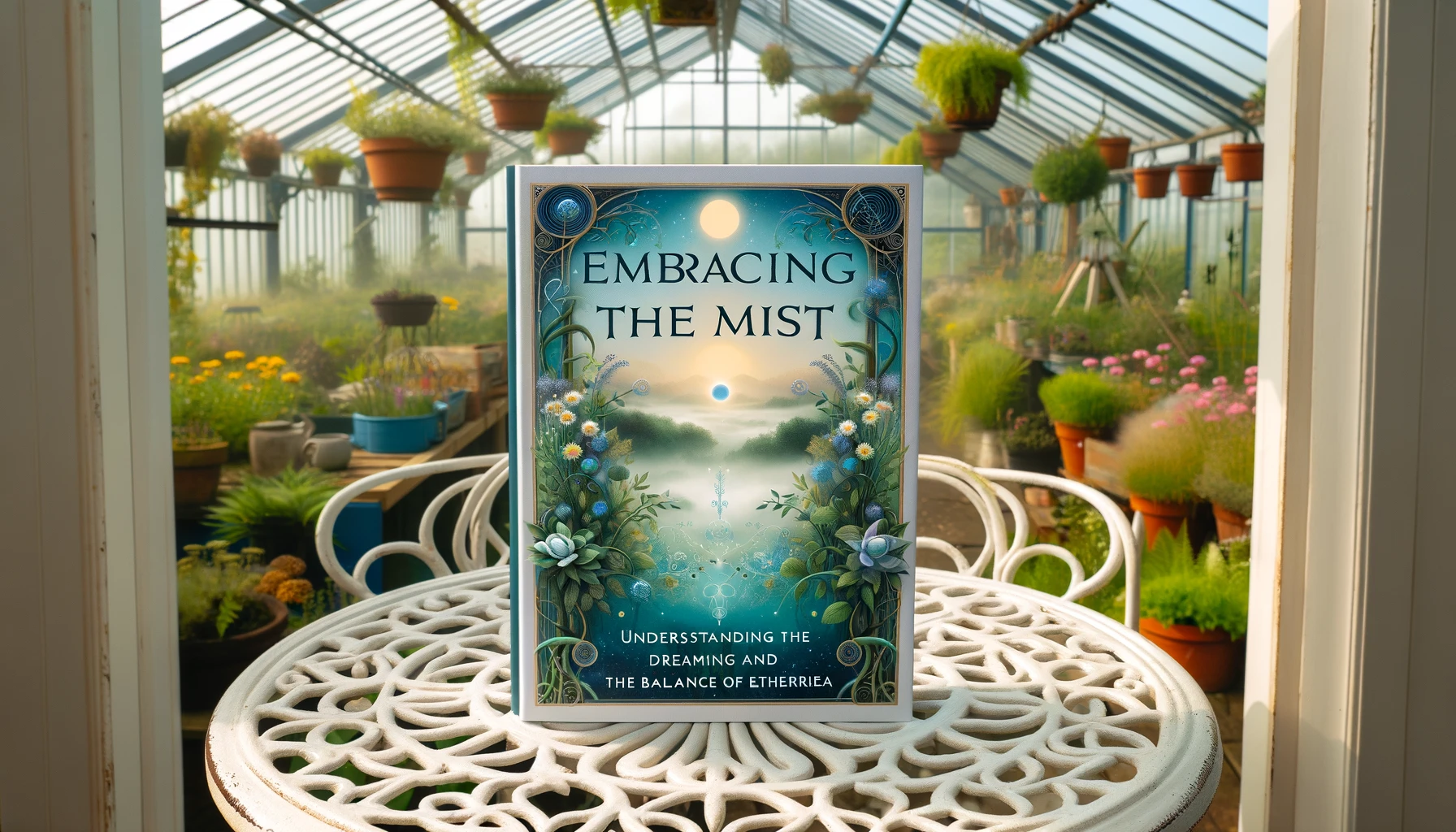 A book cover for 'Embracing the Mist: Understanding The Dreaming and The Balance of Ethereia' in a friendly self-help-psychology style. The cover features mystical elements with harmonious green plants intertwining with celestial bodies in the distance. The background showcases a misty ethereal landscape with delicate, dream-like qualities. The title is prominently displayed in elegant, inviting typography. Oddly, the B and the R of 'Embracing' seem to be melded together. The book is laid on a pretty white iron table in a spacious greenhouse-garden, surrounded by lush greenery and blooming flowers, with sunlight streaming in.