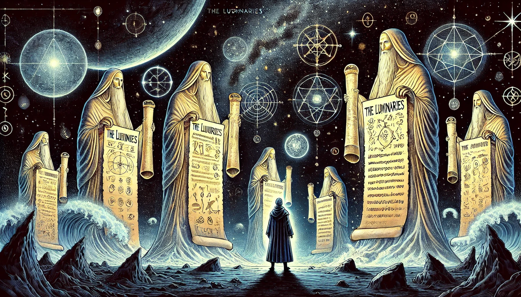 In the foreground, Captain Olimar stands, meeting the Luminaries, mystical beings now set as statues of old, chiseled of golden-hued stone, caped, with long beards. The Luminaries hold scrolls inscribed with cosmic lore and timeless truths, each scroll glowing with celestial light. In their left hands, a scroll each they hold, curled up still, and ready to be passed on. In their right hands, open scrolls are detailed with symbols, diagrams, and equations representing the fabric of reality and the mysteries of existence. The Luminaries' forms are constantly shifting and evolving in a dance of cosmic light, with their appearance bearing various runic symbols. The scene is imbued with a mystical atmosphere, reflecting the profound knowledge shared with Olimar. As the Odin-lookalike statuettes slowly dim.