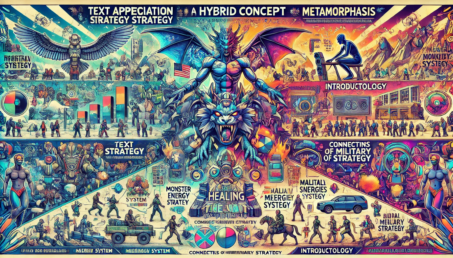 A wide format illustration representing a hybrid concept by Pandekage. The scene features abstract elements reflecting text appreciation strategy, metamorphosis, and introductology. Include visual elements like a demo version of a song, a festival atmosphere with diverse people having fun, and symbols of military strategy. Show an abstract representation of a Monster Energy drink healing the world, connecting all energies in a straight line. Include elements like a monkey system, magical potions, and a complex vector system. The overall style is surreal, abstract, and futuristic, with vibrant colors and intricate details.