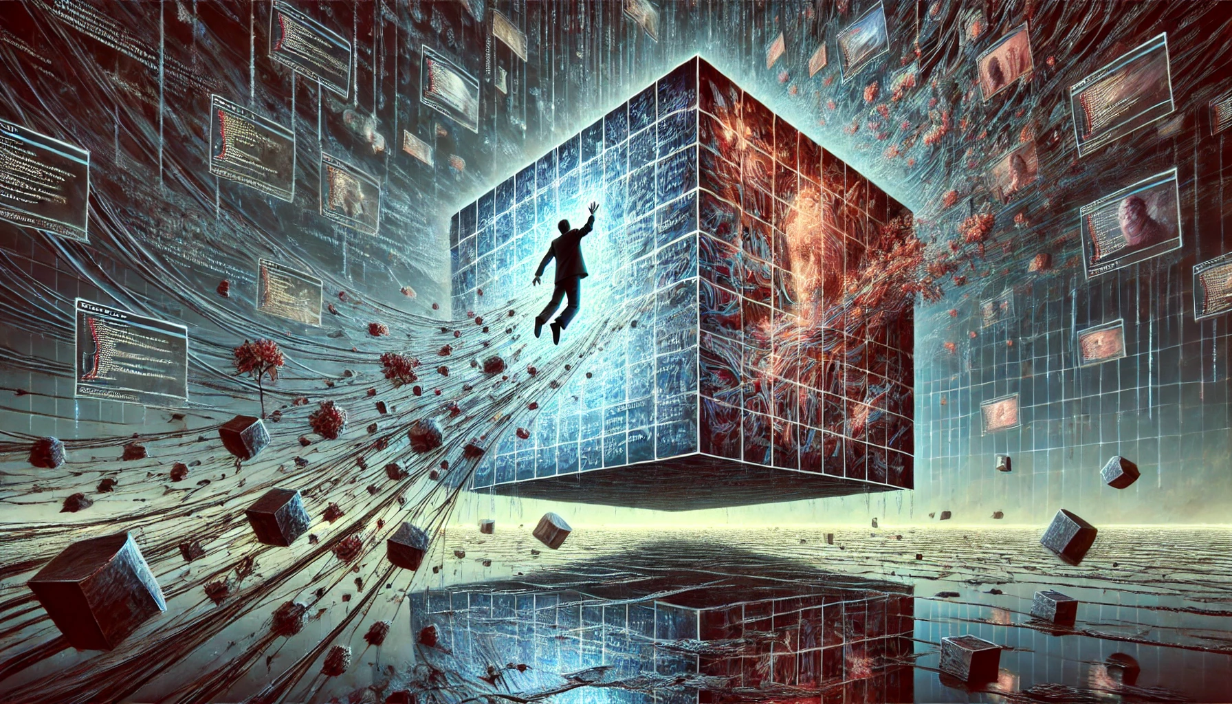 A surreal, dreamlike scene where a programmer floats in an endless void, his fingers brushing the surface of a translucent cube that expands to encompass his entire vision. The cube reveals the fabric of reality unraveling, exposing the underlying code that governs existence. The programmer is now part of the code, woven into its complex patterns, feeling the flow of logic and data like blood in his veins. Suddenly, the code fragments, revealing jumbled scenes from his life—memories, fears, and desires. Distorted, flickering faces from a previous encounter appear, resembling corrupted files. The cube reflects the chaos within him, not just as a source of knowledge, but as a mirror to his inner turmoil.