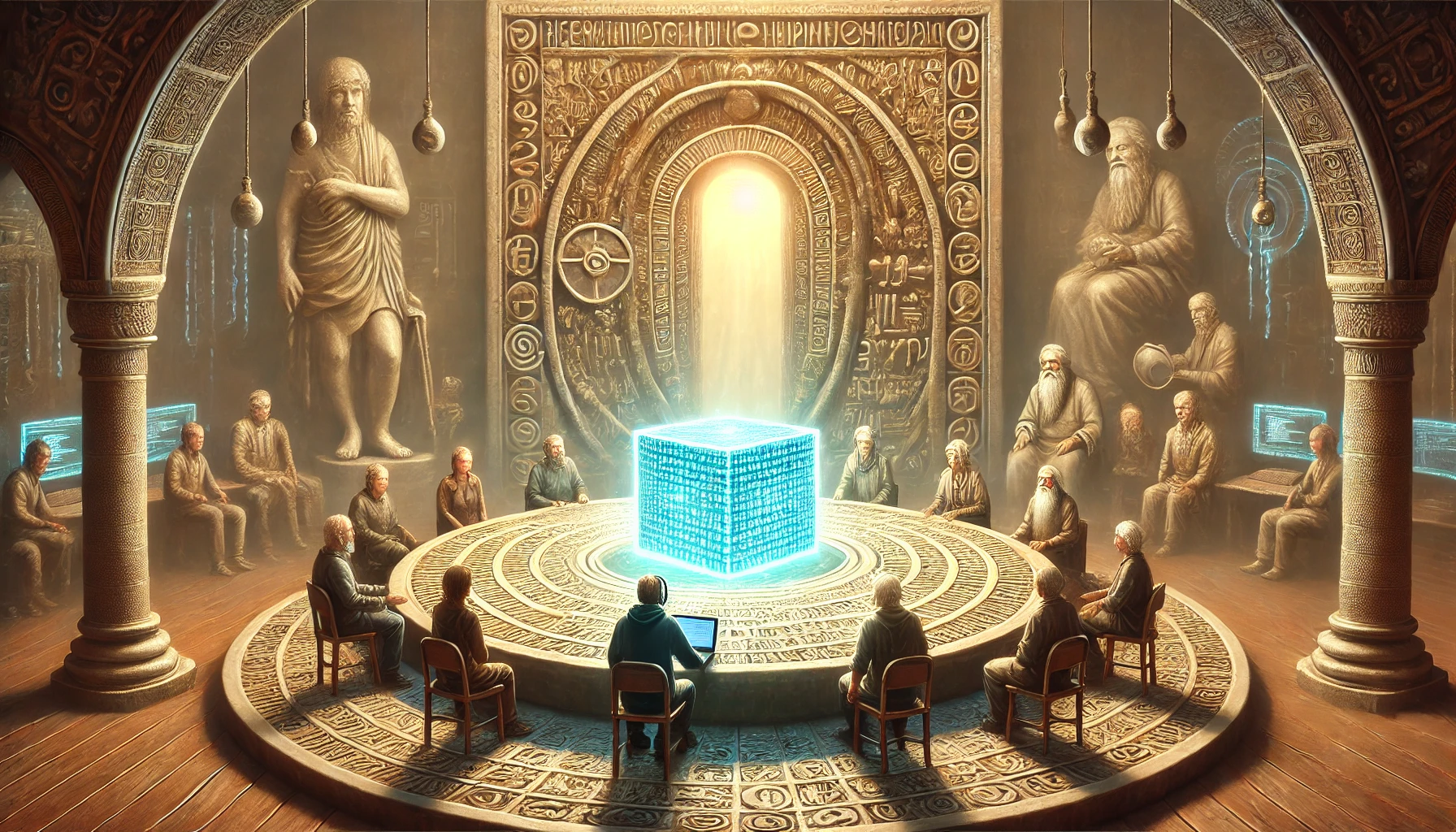 A surreal scene where a programmer rounds a corner and encounters an immense door intricately carved with ancient symbols predating computers and language. The door creaks open to reveal a vast chamber beyond. Inside, various figures he has met throughout the week—friends old and new, strangers from festivals, and a kind but suspicious figure—sit around a massive round table. Their expressions are serene, but their eyes glow with an unnerving intensity. At the center of the table is a translucent cube with an incomprehensible, shifting script, pulsing with gentle light and casting strange, shifting shadows across the room.