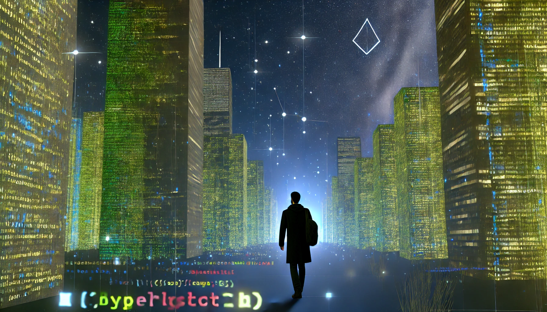 A dreamlike digital landscape with a focus on the programmer walking through a dense, towering city made of glowing code. The buildings close to the programmer are taller, creating the feeling of walking through the downtown of a cyberpunk city. The skyscrapers of neon-lit script loom over the programmer, extending out of frame and into the distant skyline. The atmosphere is a mix of calm and underlying tension, with a starlit sky and constellations resembling complex architectural diagrams, adding to the vastness and intensity of the digital environment.