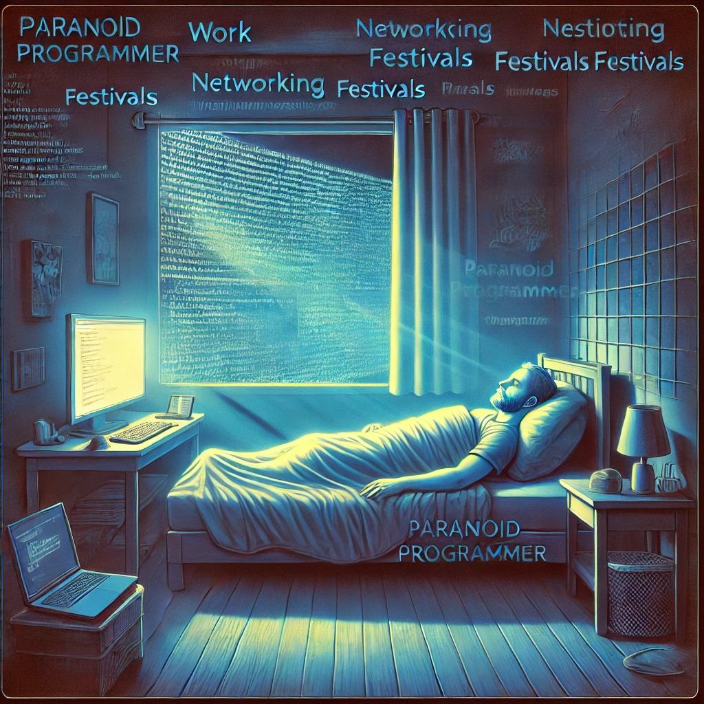 An illustration of The Paranoid Programmer going to sleep in his home. The scene shows him lying in bed, enveloped by the soft glow of his computer screen, which is the last light source in the room. The screen flickers off as he powers it down, casting the room into a tranquil, dimly lit environment. The atmosphere is a blend of safety and exhaustion, with a comforting hum from the apartment's devices. The Paranoid Programmer is depicted with closed eyes, slowly succumbing to sleep, his face reflecting the weight of work, networking, festivals, and a recent intense, disorienting experience. The room is filled with subtle digital elements, like faint lines of code or abstract patterns, fading into the shadows. The overall mood is serene yet heavy, emphasizing the deep pull of sleep.