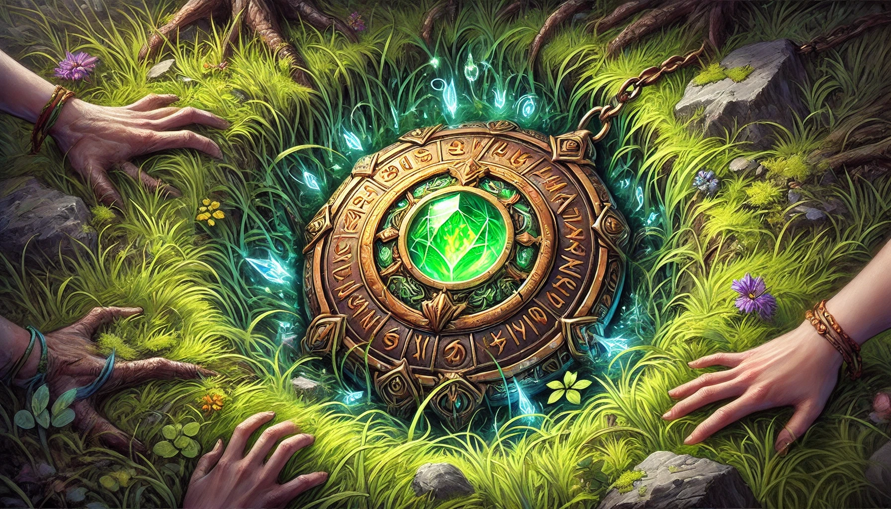 A detailed painting of the Enchanted Amulet of Temporal Echoes half-buried and partially obscured by the earth and grass. The amulet has a luminous gemstone at its center, pulsing with rhythmic energy. Its surface is inscribed with ancient runes.