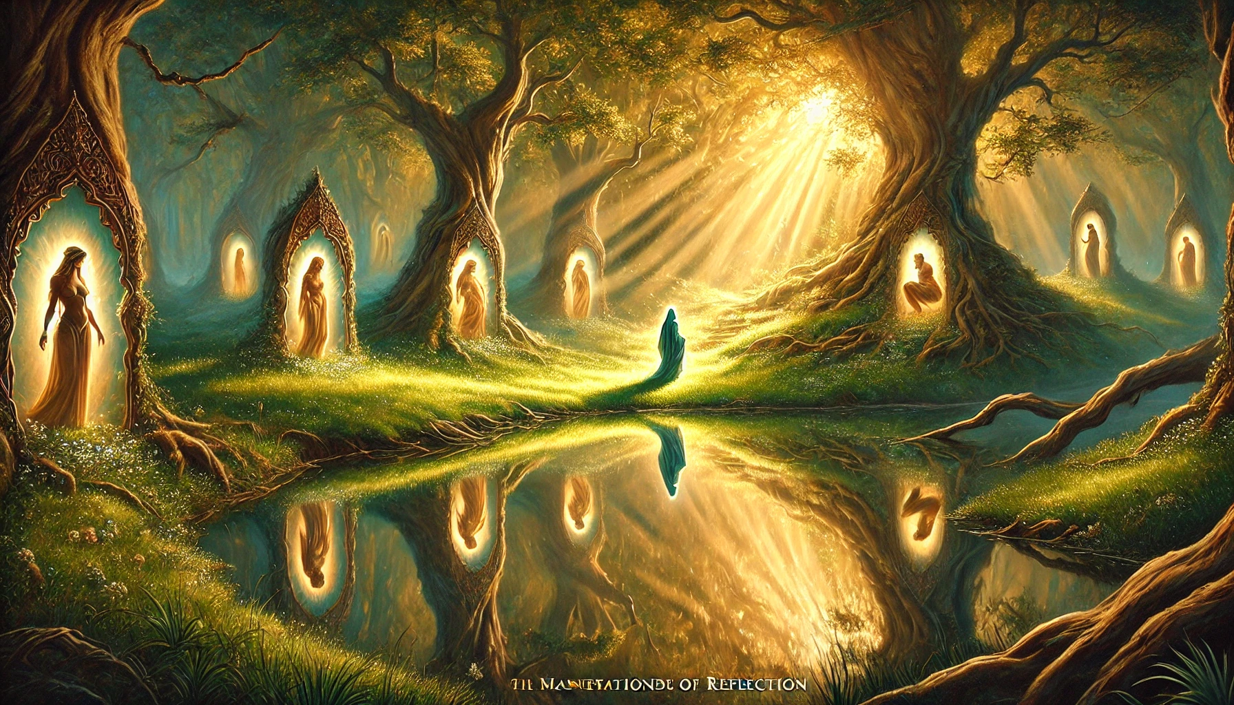 A detailed painting of a hidden glade of reflection uncovered by Shaman Redd. The glade is bathed in a gentle, golden light and surrounded by whispering trees, creating a tranquil ambiance. Dreamily, mysteriously, the main characters has taken the form of a singular hooded figure in blue robes at the center of the illustration.